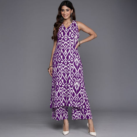 Varanga Women's Ikat Printed Straight Kurta with Palazzo | Purple - XL