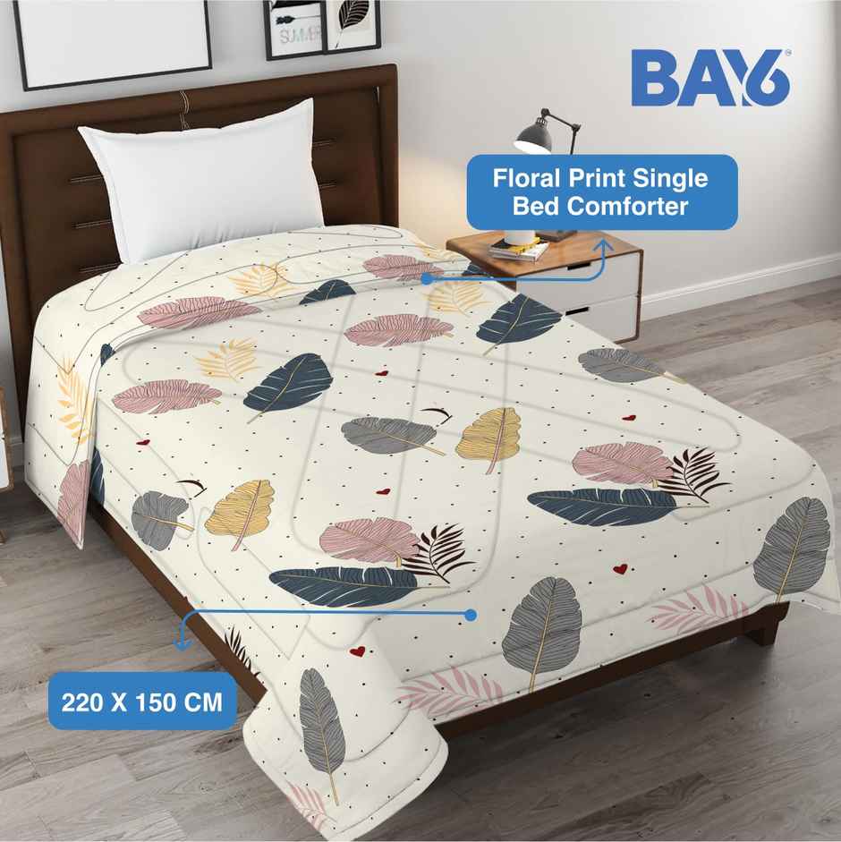 BAY6 Microfibre Floral Print Single Bed Comforter - Cream White | 150 x 220 cm