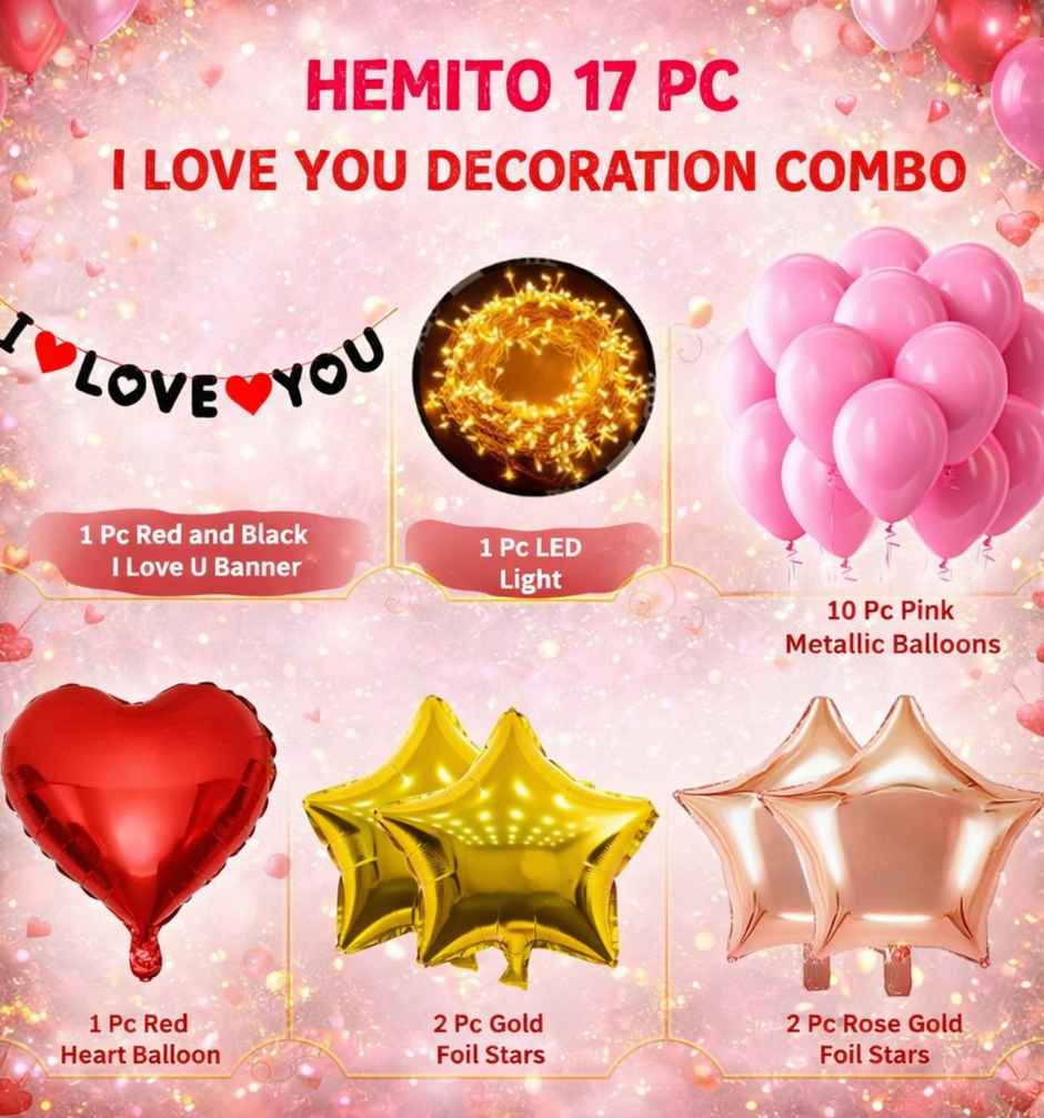 Romantic Decoration Kit | I Love You Banner Balloons, Foil Heart LED Light | Hemito