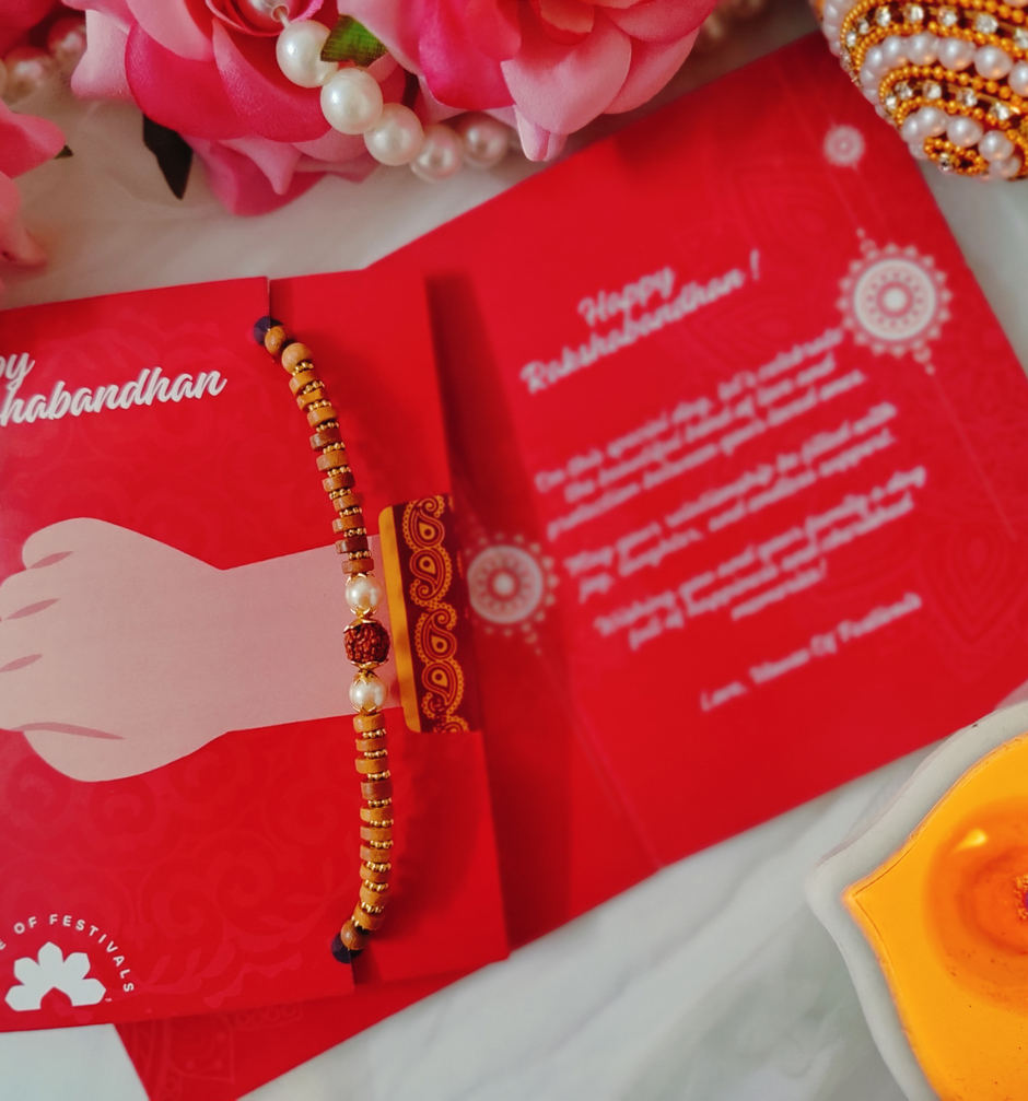 House Of Festivals Rudraksh In Centre & Pearl On Both Sides Bracelet Rakhi | Wooden Moti