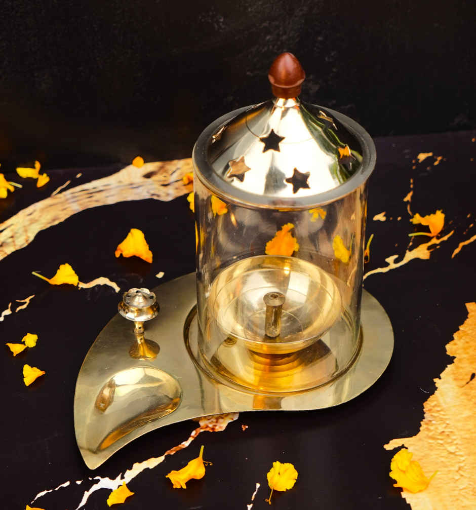 Brass And Glass Akhand Diya With Agarbatti Stand | Gold | ServDharm
