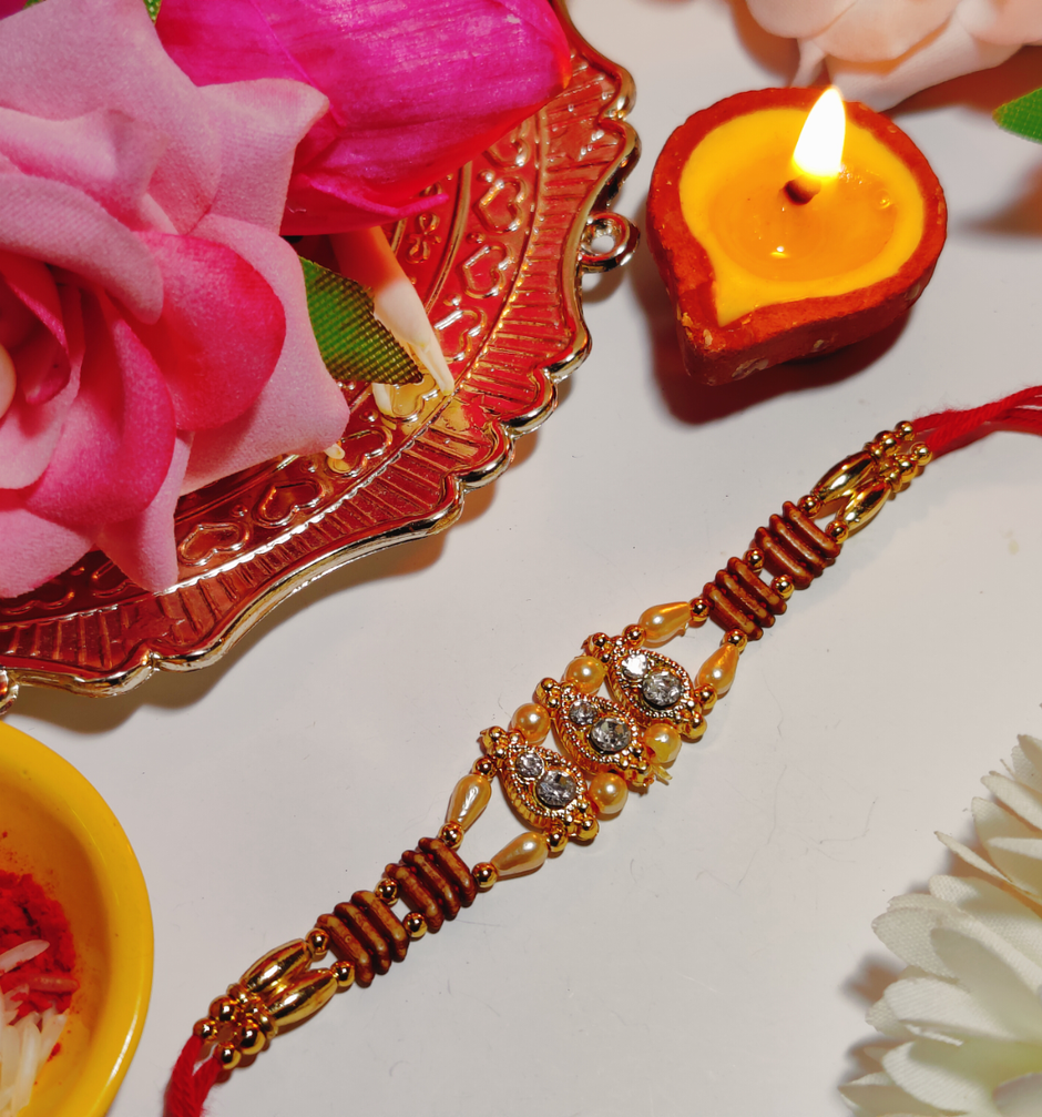 House Of Festivals Ambi Shaped Kundan Work Traditional Sequence Rakhi - Artistic Craft