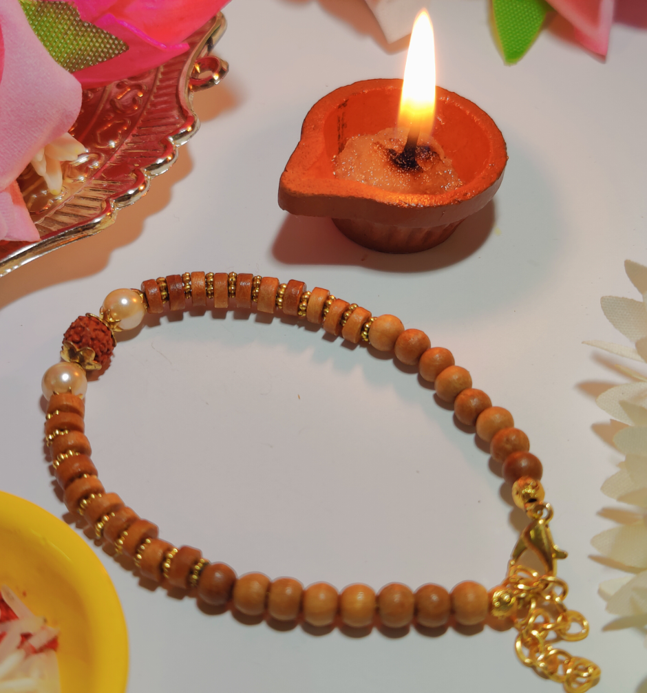 House Of Festivals Rudraksh In Centre & Pearl On Both Sides Bracelet Rakhi | Wooden Moti