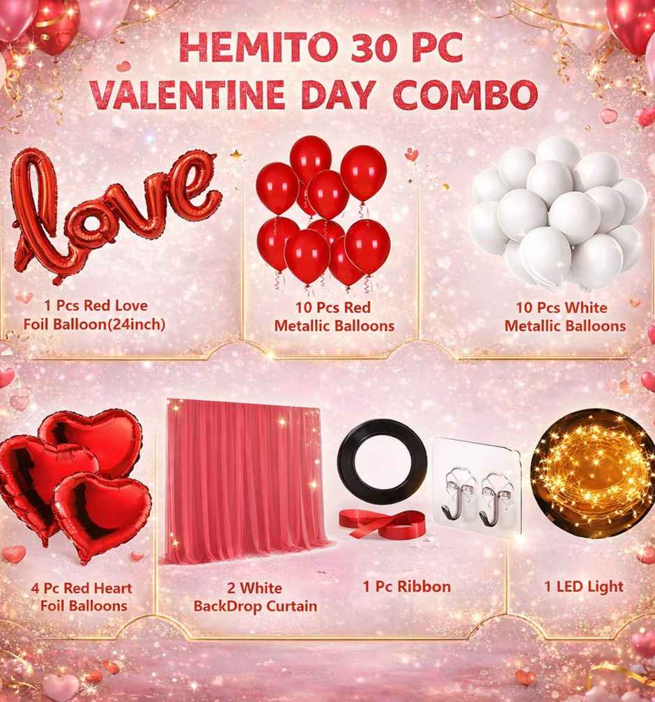 Tent Romantic Decoration Set | Love Foil Balloons, Heart Backdrop, LED Lights | Hemito