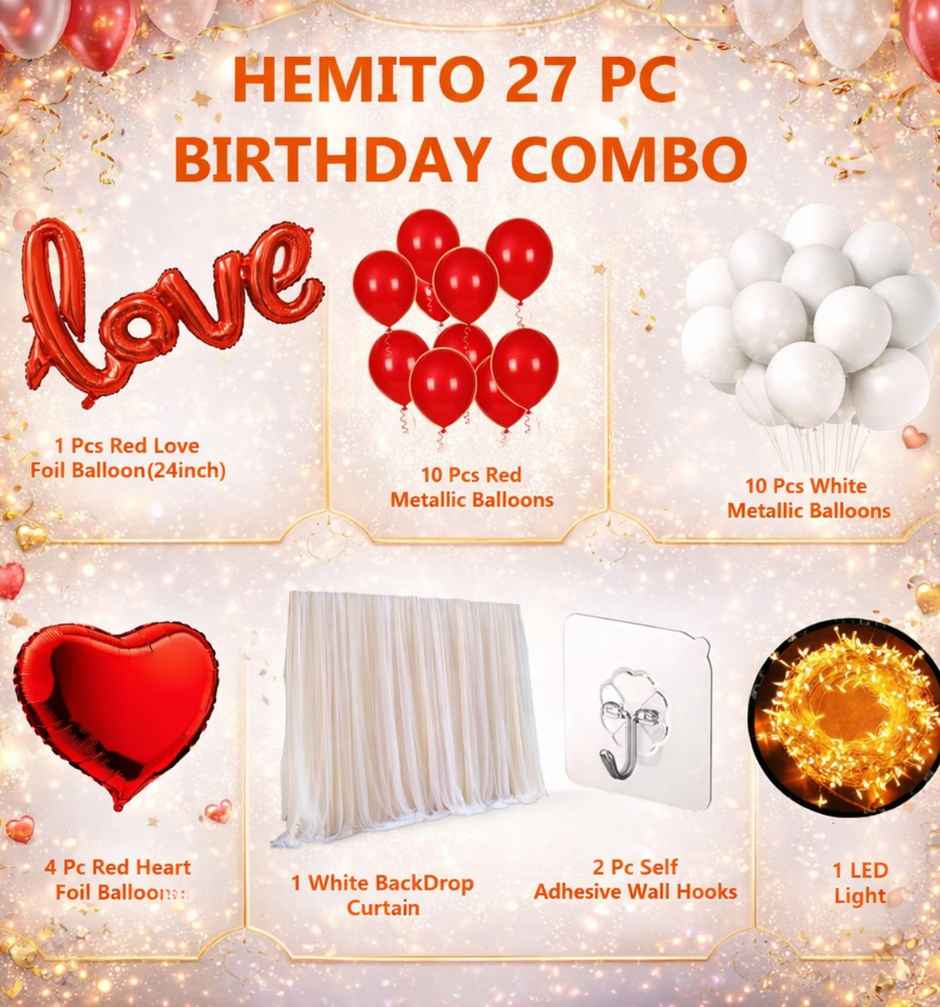 Tent Romantic Decoration Set|Red & White Balloons, Foil Heart, LED Light, Backdrop Curtains | Hemito