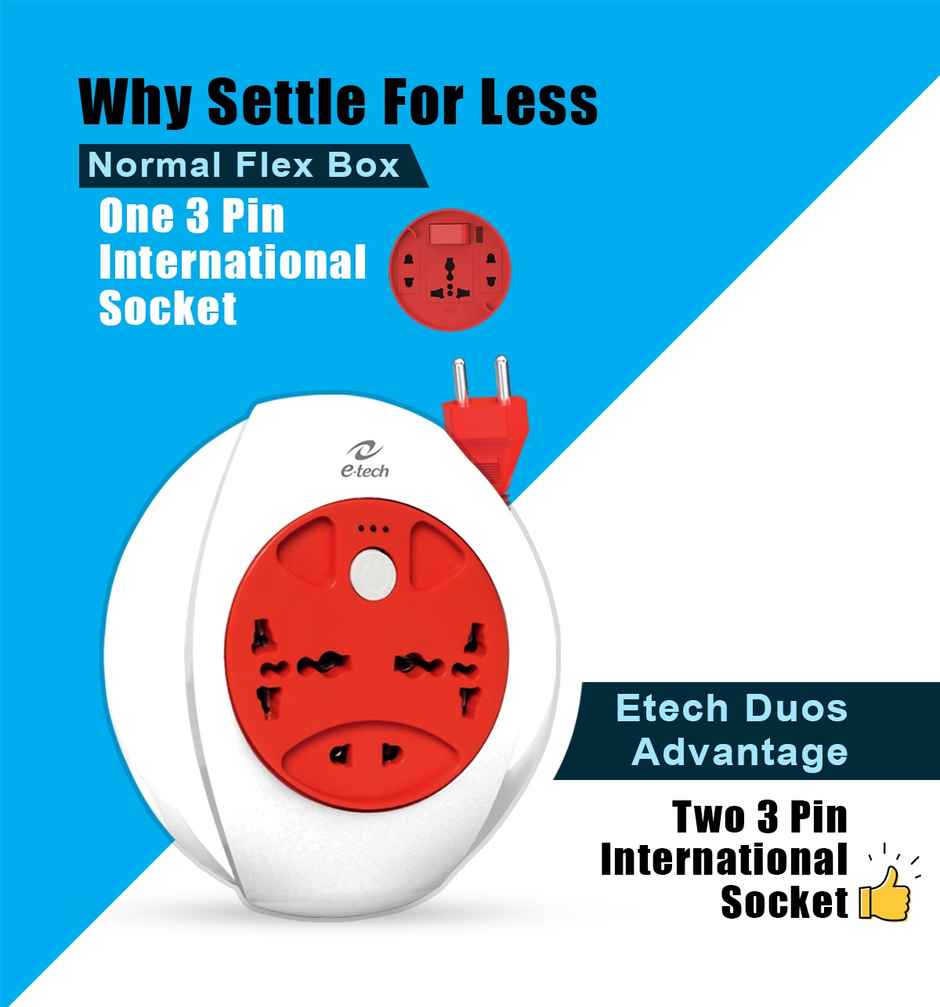 Etech Duos Flex Box With Two 3 Pin International Socket | One 2 Pin Socket | Push Button Switch