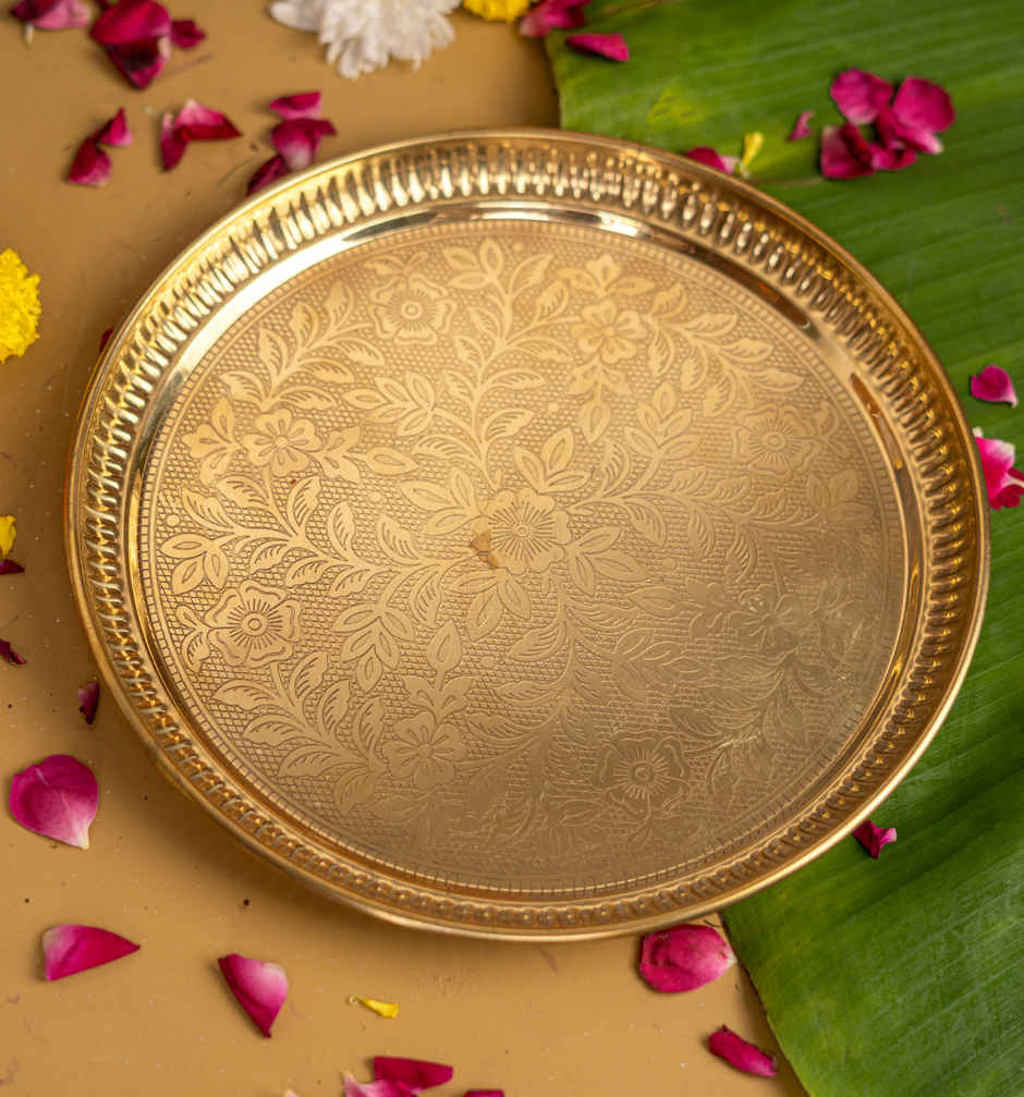Pure Brass Floral Etchings Pooja Thali | 9 inch | ServDharm