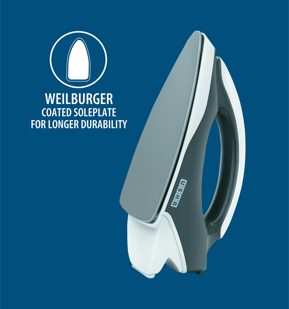 Usha Dry Iron Aurora (1000W, Premium Weilberger Non Stick Coated Soleplate, Led Tail Light, Grey)