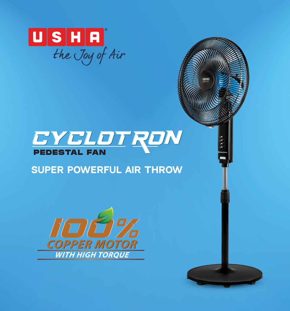 USHA Cyclotron Pedestal Fan,400mm, 1200RPM,5 Blade,Anti - Rust Protection,100% Copper Motor, Black