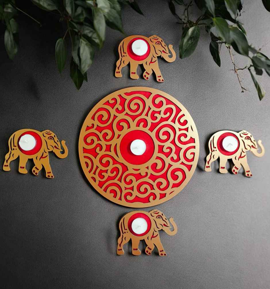 MDF Elephant Rangoli | Red | 15 inch | House Of Festivals