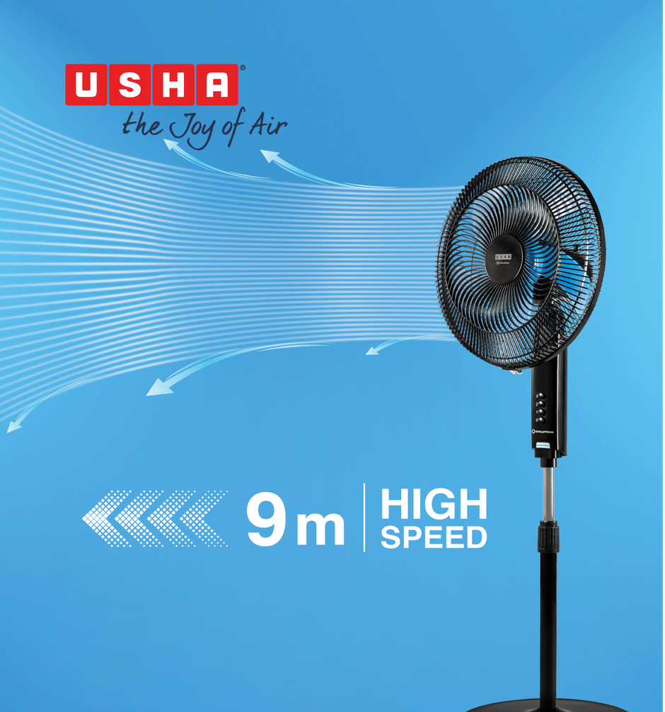 USHA Cyclotron Pedestal Fan,400mm, 1200RPM,5 Blade,Anti - Rust Protection,100% Copper Motor, Black