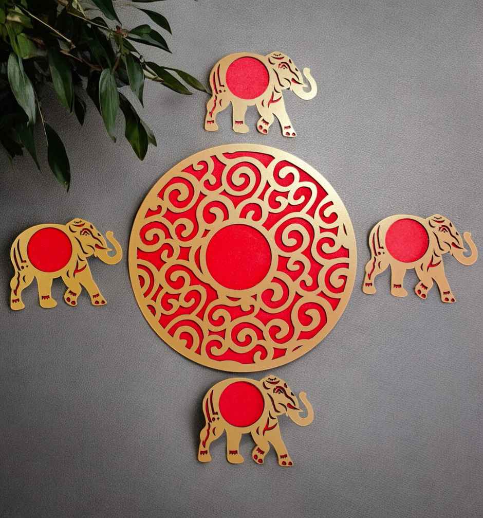 MDF Elephant Rangoli | Red | 15 inch | House Of Festivals