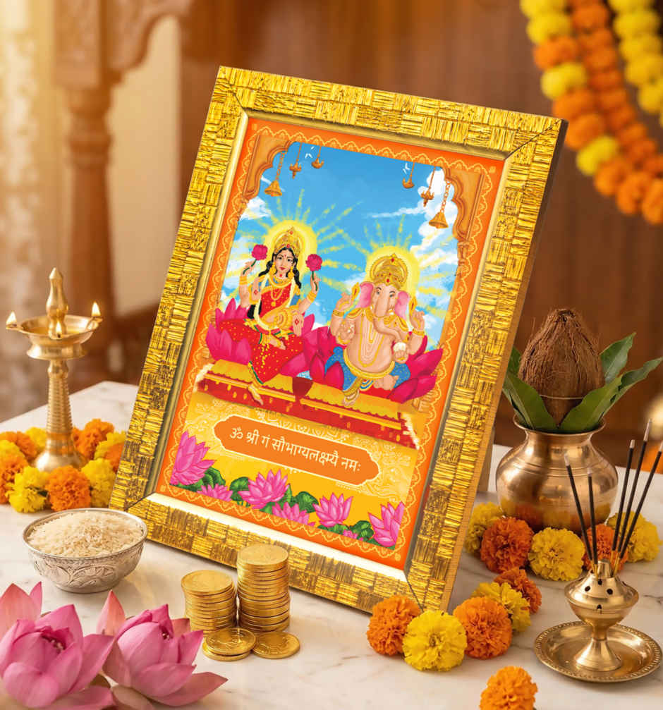 Ganesh Lakshmi Deity Golden Photo Frame | 22 x 17 cm | ServDharm