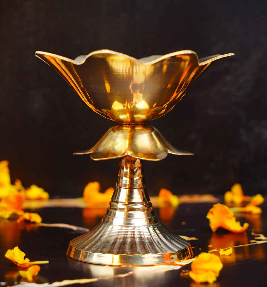 Lotus Shaped Akhand Diya | Golden | Traditional | Brass | ServDharm