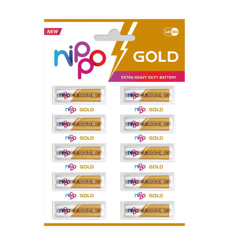 Nippo 3DG Gold AA Battery | 1.5 V | Leakproof |For Toys, Remotes, Clocks, Wireless Mouse - Pack of 10