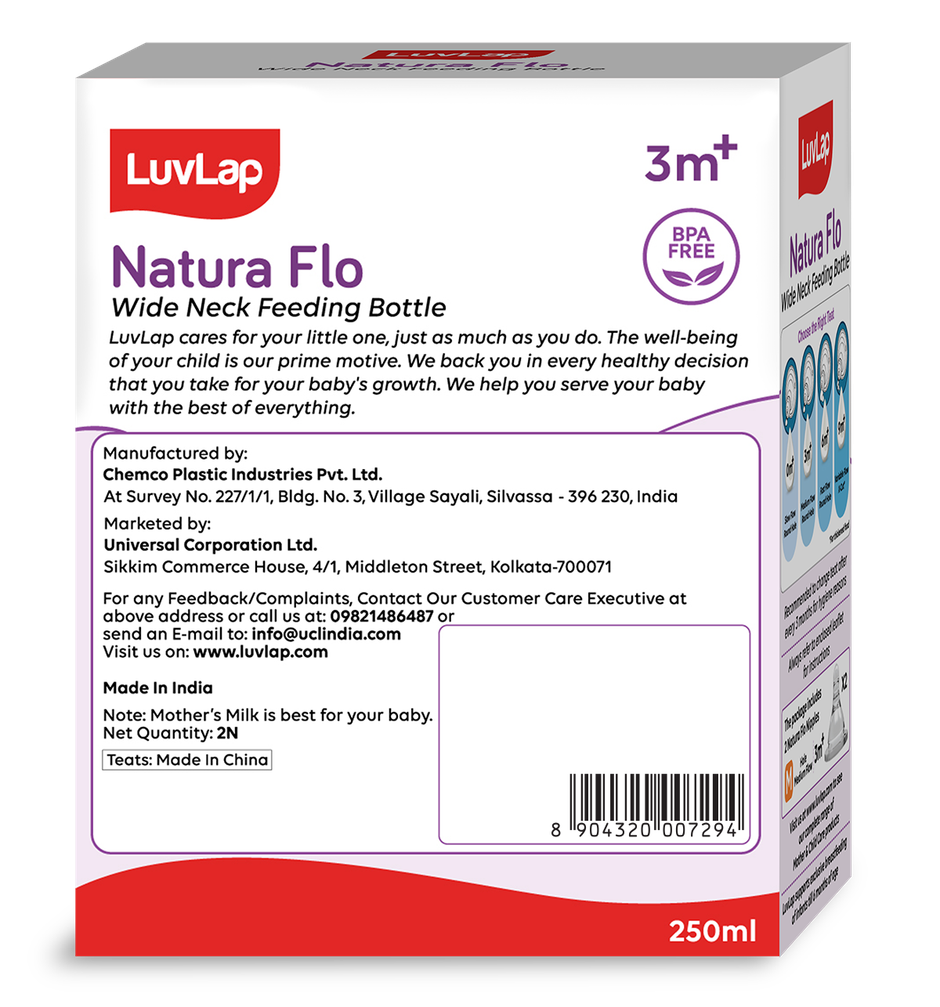LuvLap Wide Neck Bottle with Anti-Colic Flexible Nipple, Fast Flow, Upto 3 Years, BPA Free