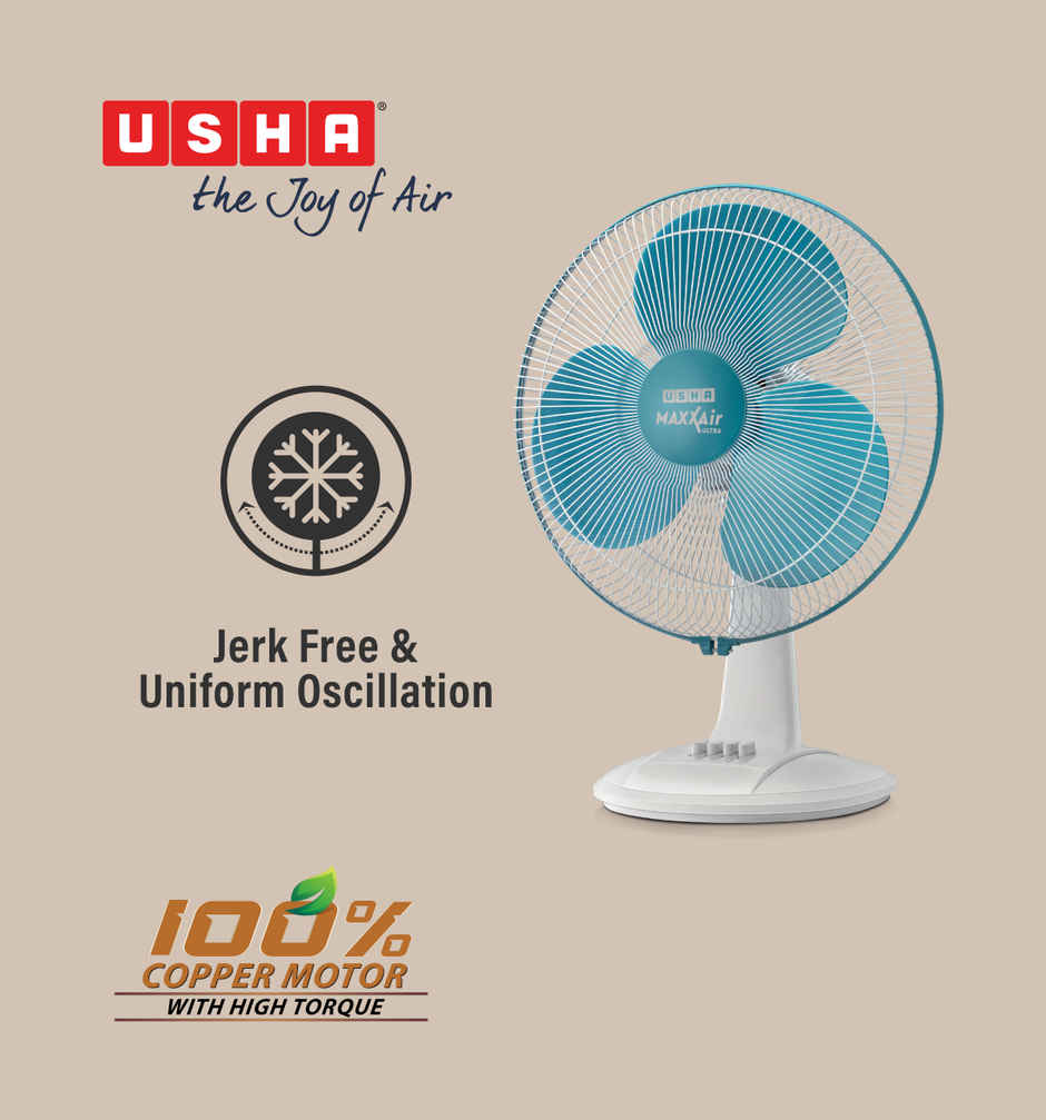 Usha Maxx Air Ultra Table Fan, 400mm, 1350 RPM, 3 Speed Settings, Light Blue
