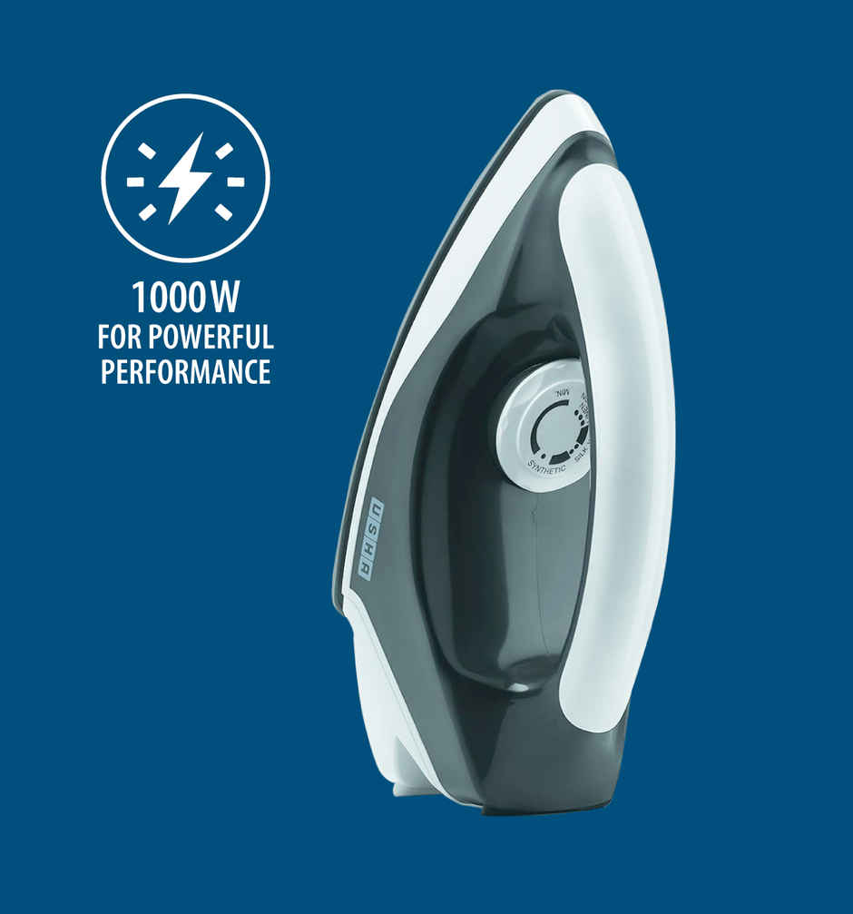 Usha Dry Iron Aurora (1000W, Premium Weilberger Non Stick Coated Soleplate, Led Tail Light, Grey)