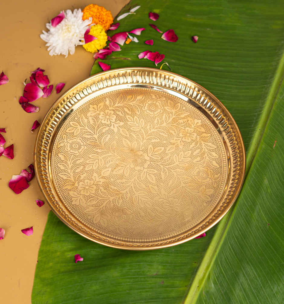 Pure Brass Floral Etchings Pooja Thali - 9 in | ServDharm