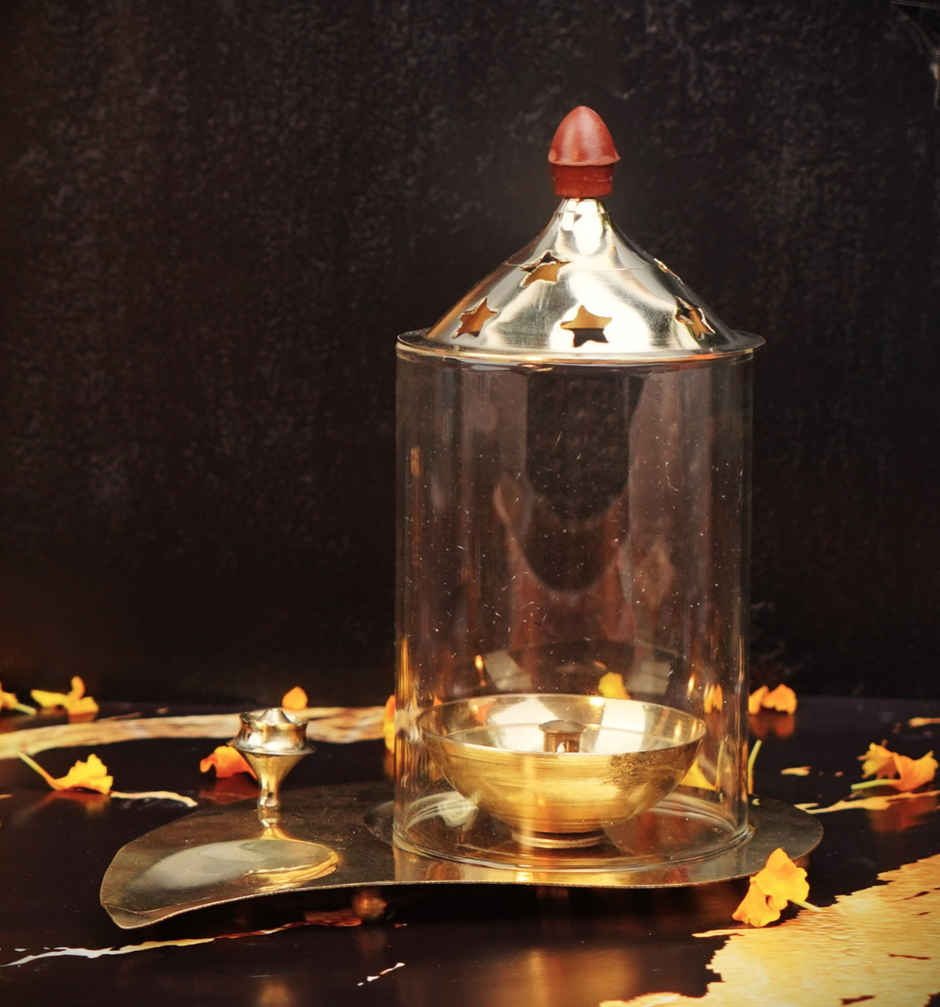 Brass And Glass Akhand Diya With Agarbatti Stand | Gold | ServDharm