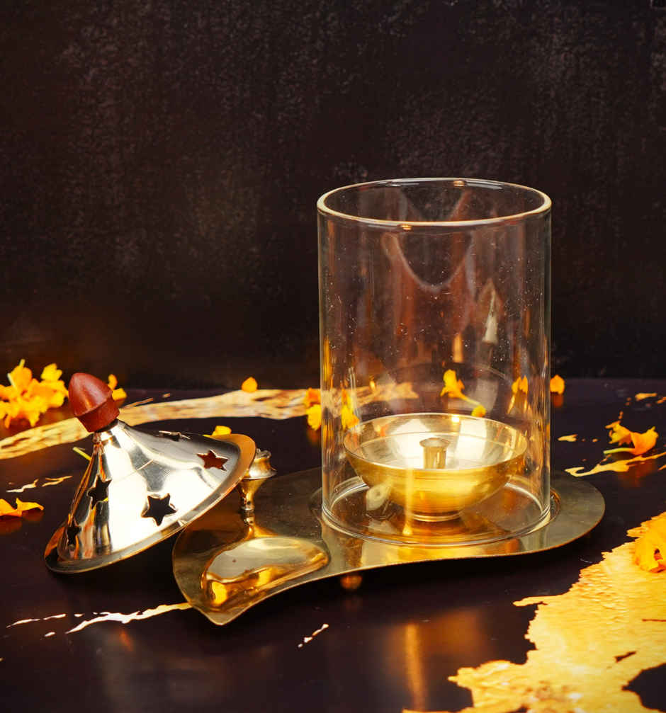 Brass And Glass Akhand Diya With Agarbatti Stand | Gold | ServDharm