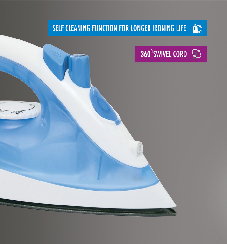 Usha Steam Iron 3713, 1300W Non-Stick Ptfe Coated Soleplate, 360 Swivel Cord, 19 Steam Vents, Blue