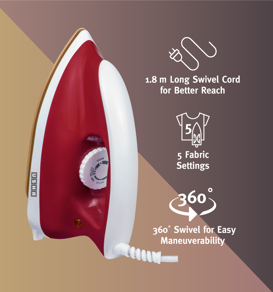 Usha Dry Iron Goliath (1200W, 1.80Kg Heavy Weight , 5 Fabric Settings, Red)
