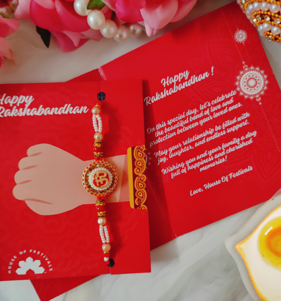Fabelle, The Bars Treasury, Assorted Chocolates Gift Pack(168gms) & Premium Om Pendant Rakhi With Intricate Moti Pattern In White & Red(1pc) Combo