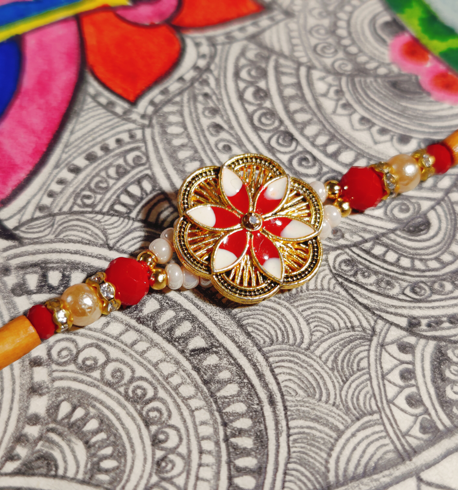 Buy House Of Festivals Premium Flower Rakhi With Golden & Red Metal ...