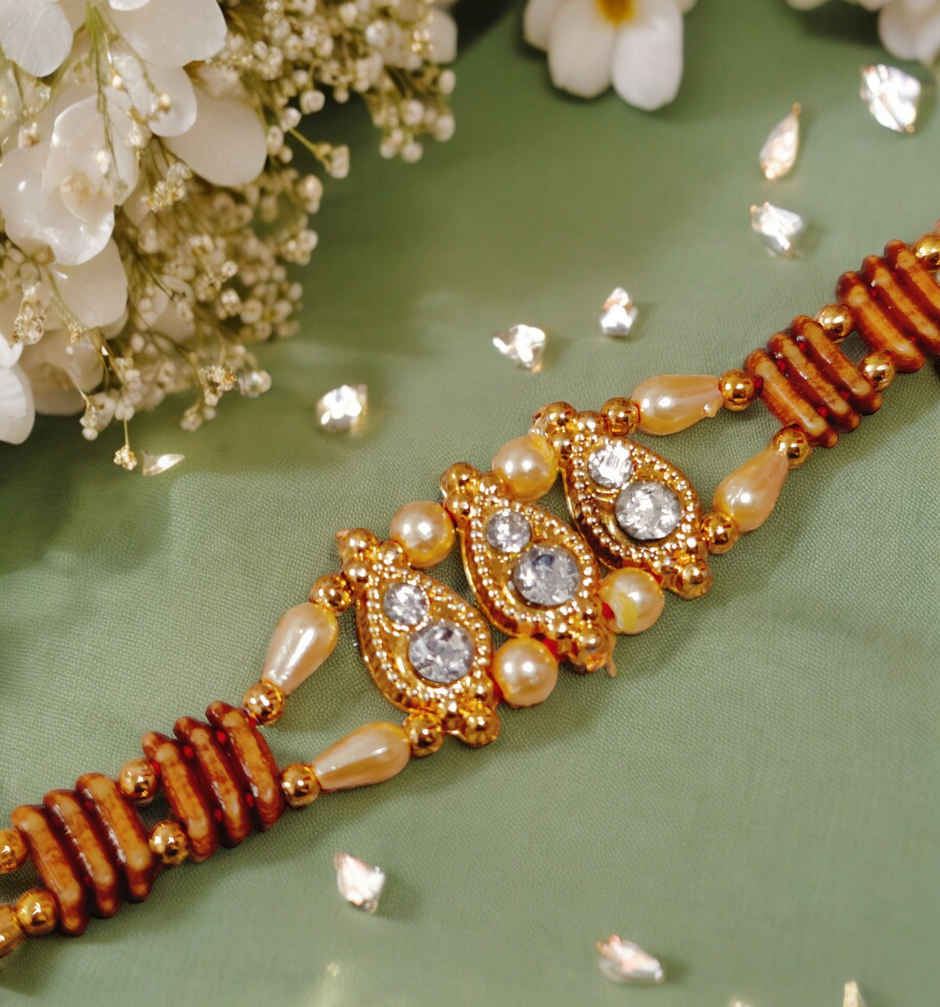 House Of Festivals Ambi Shaped Kundan Work Traditional Sequence Rakhi - Artistic Craft