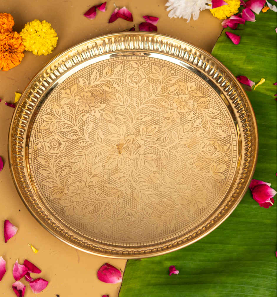 Pure Brass Floral Etchings Pooja Thali - 9 in | ServDharm