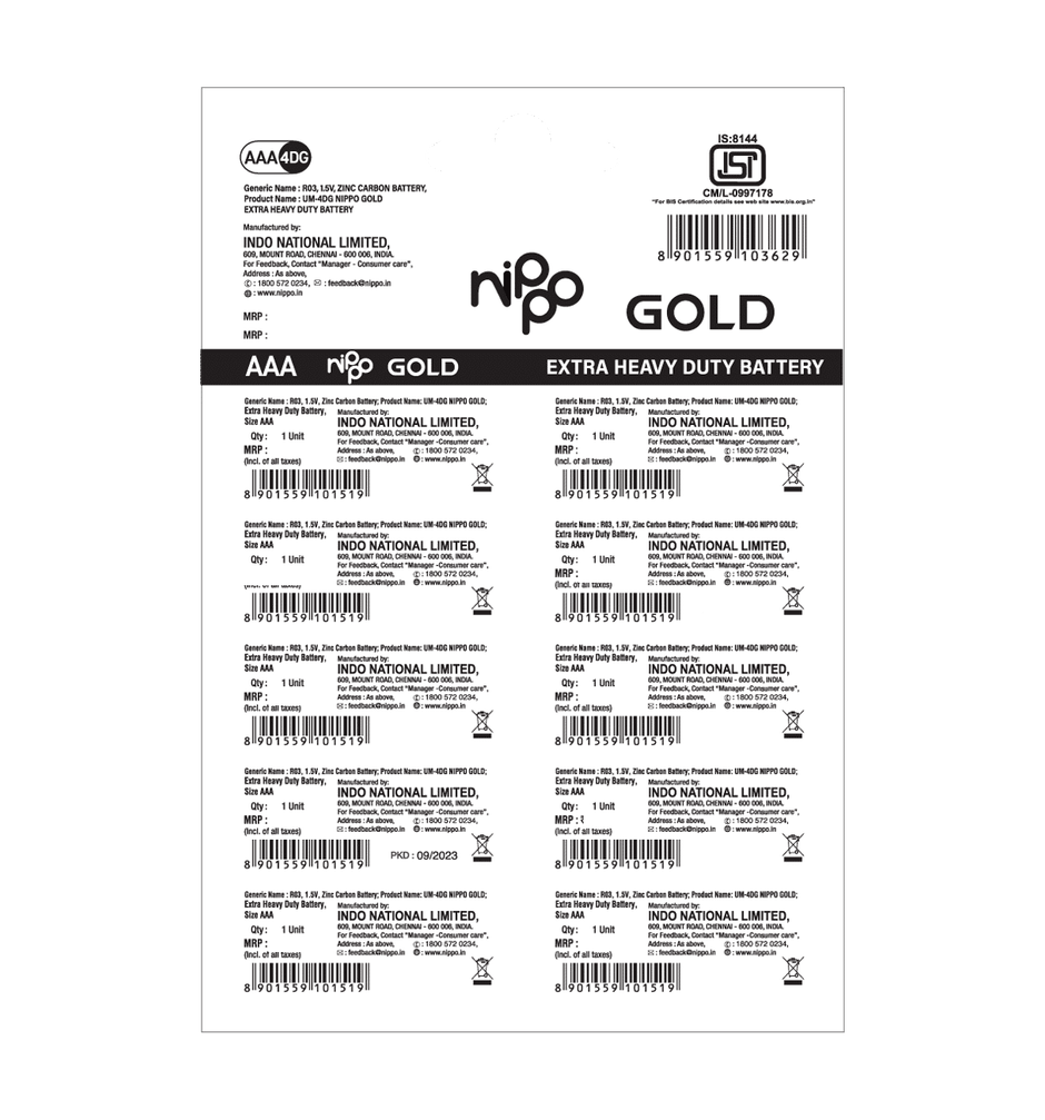 Nippo Gold Carbon Zinc AAA Batteries | Pack of 10