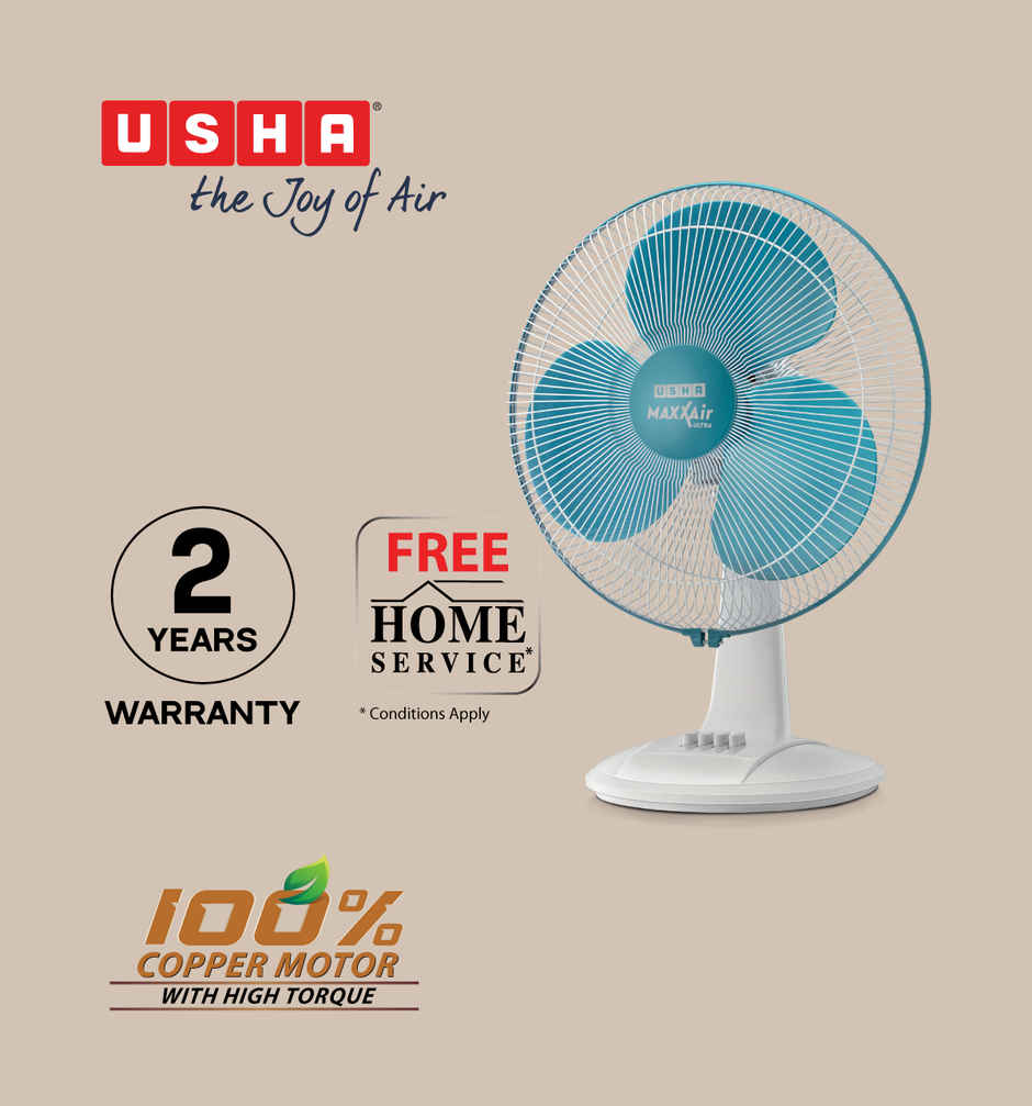 Usha Maxx Air Ultra Table Fan, 400mm, 1350 RPM, 3 Speed Settings, Light Blue