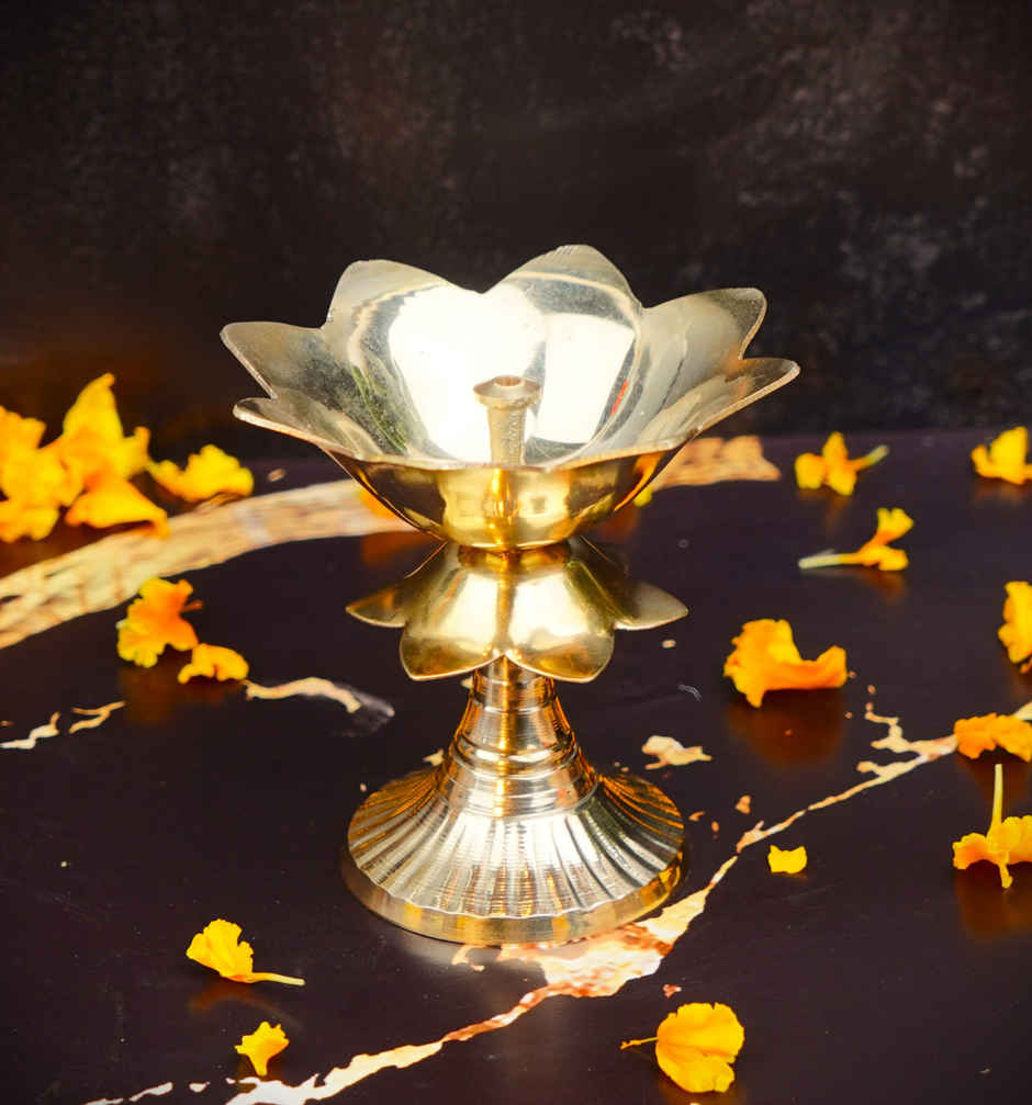 Lotus Shaped Akhand Diya | Golden | Traditional | Brass | ServDharm
