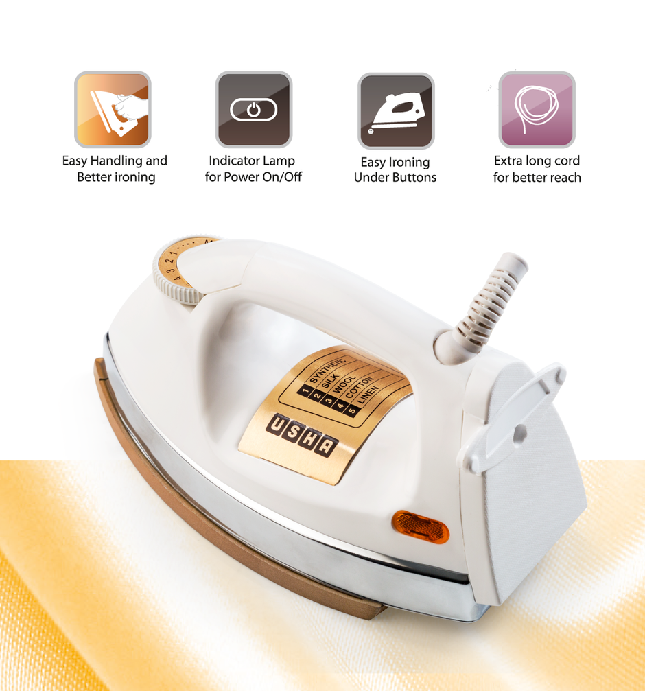 Usha Dry Iron 3710, 1000W, 1.75Kg Heavy Weight Golden Weilburger Soleplate, 360 Swivel Cord, White
