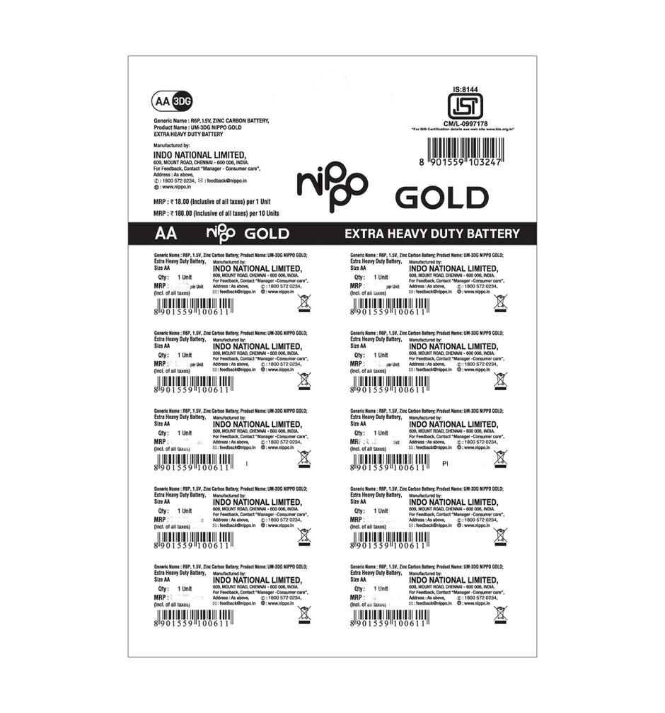 Nippo 3DG Gold AA Battery | 1.5 V | Leakproof |For Toys, Remotes, Clocks, Wireless Mouse - Pack of 10