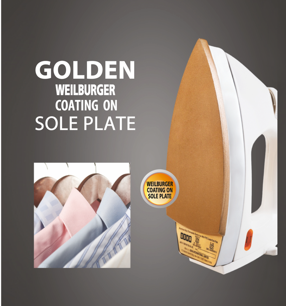 Usha Dry Iron 3710, 1000W, 1.75Kg Heavy Weight Golden Weilburger Soleplate, 360 Swivel Cord, White