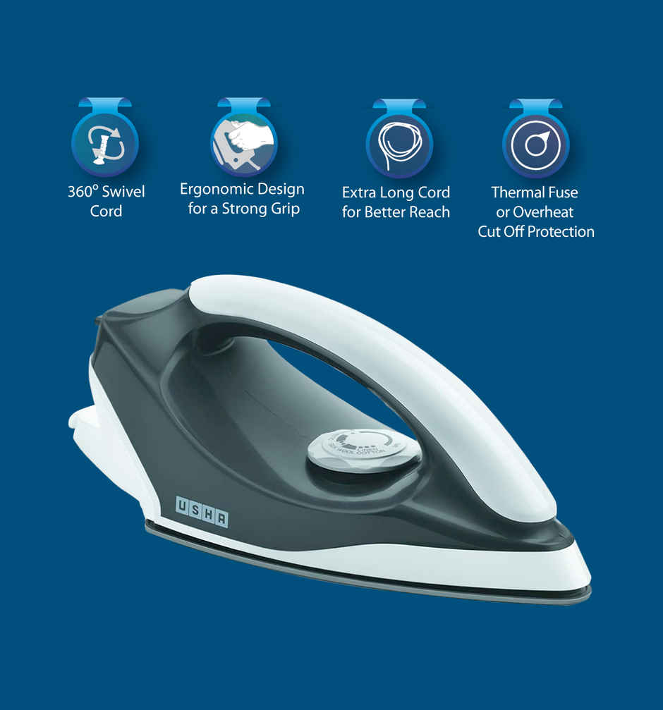 Usha Dry Iron Aurora (1000W, Premium Weilberger Non Stick Coated Soleplate, Led Tail Light, Grey)