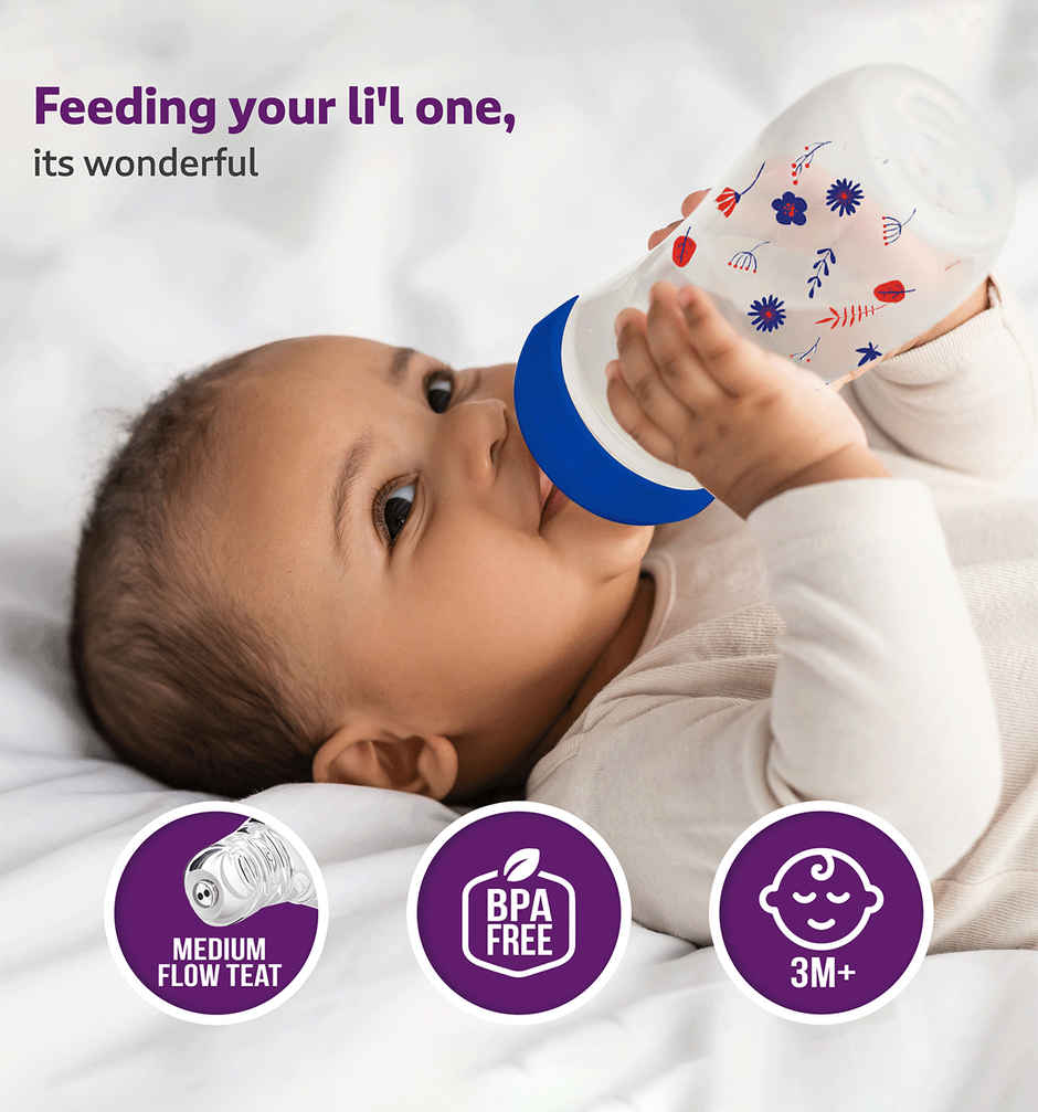 Luvlap Anti Colic Wide Neck Natura Flo Baby Plastic Feeding Bottle | Floral BPA Free | 150 ml