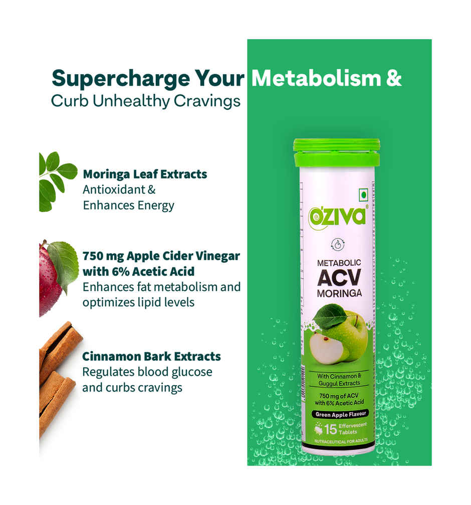 Oziva Apple Cider Vinegar with Moringa Tablets for Weight Management & Craving Control|Green apple