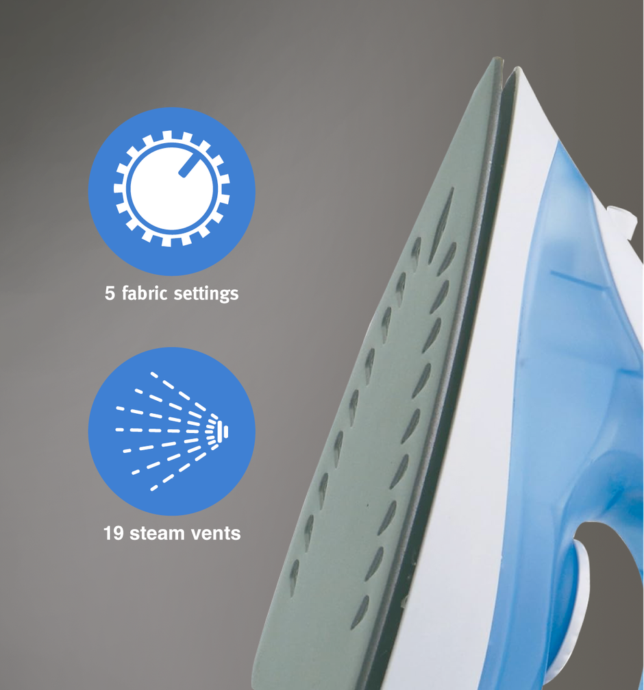 Usha Steam Iron 3713, 1300W Non-Stick Ptfe Coated Soleplate, 360 Swivel Cord, 19 Steam Vents, Blue