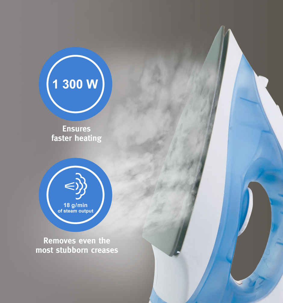 Usha Steam Iron 3713, 1300W Non-Stick Ptfe Coated Soleplate, 360 Swivel Cord, 19 Steam Vents, Blue