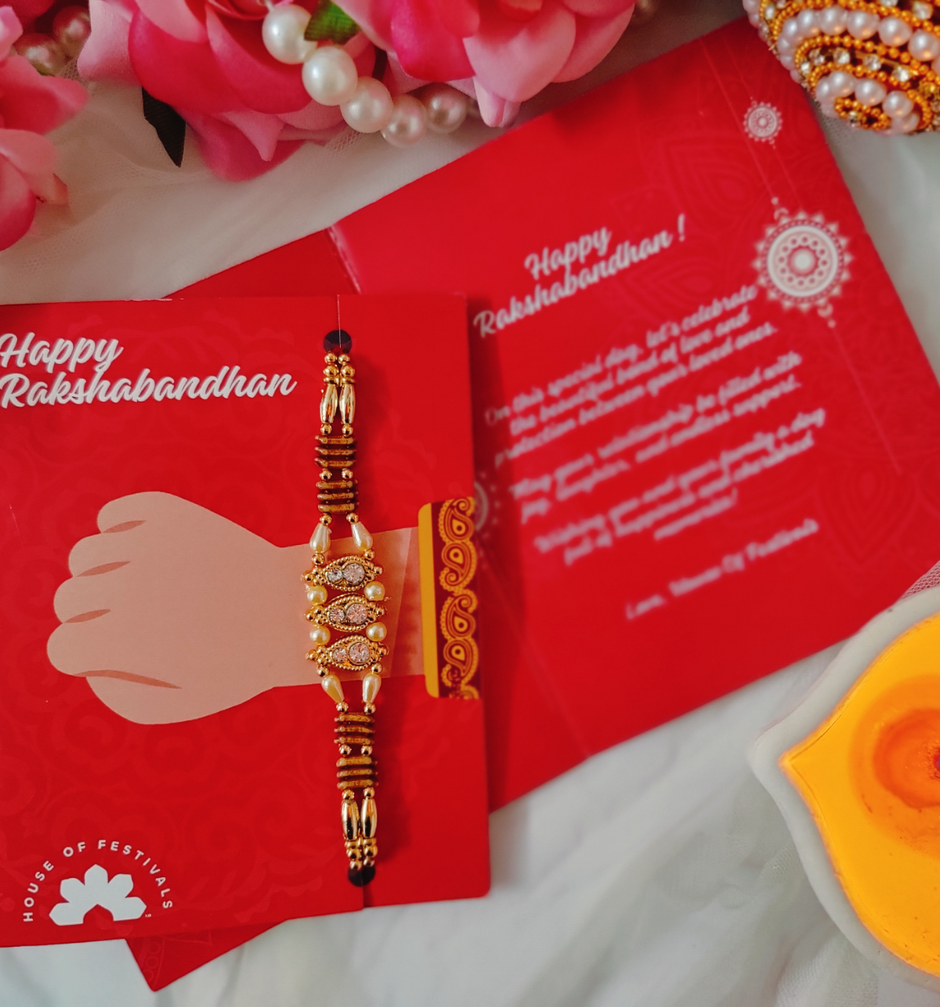House Of Festivals Ambi Shaped Kundan Work Traditional Sequence Rakhi - Artistic Craft