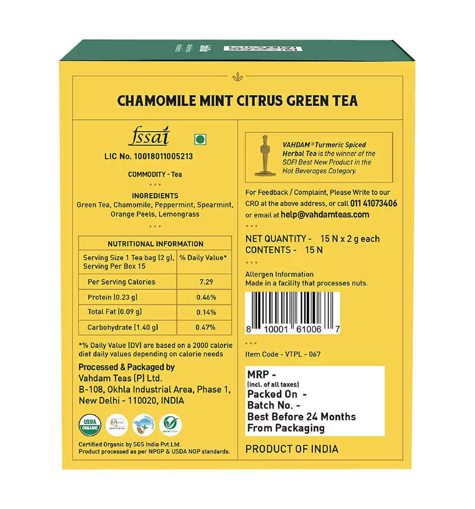 Vahdam Chamomile, Mint, And Citrus Organic Green Tea