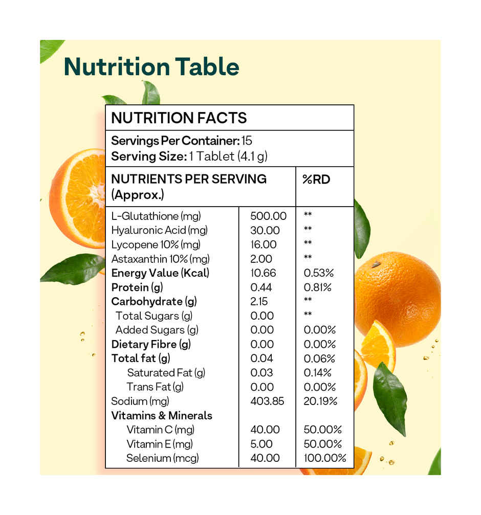 Oziva Bioactive Glutathione Vitamin C fizzy Tablets for Skin glow and Anti-Pigmentation - Orange