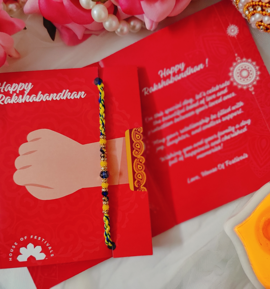 House Of Festivals Beautifully Weaved Dori Rakhi With Yellow & Blue Moti - Traditional Rakhi