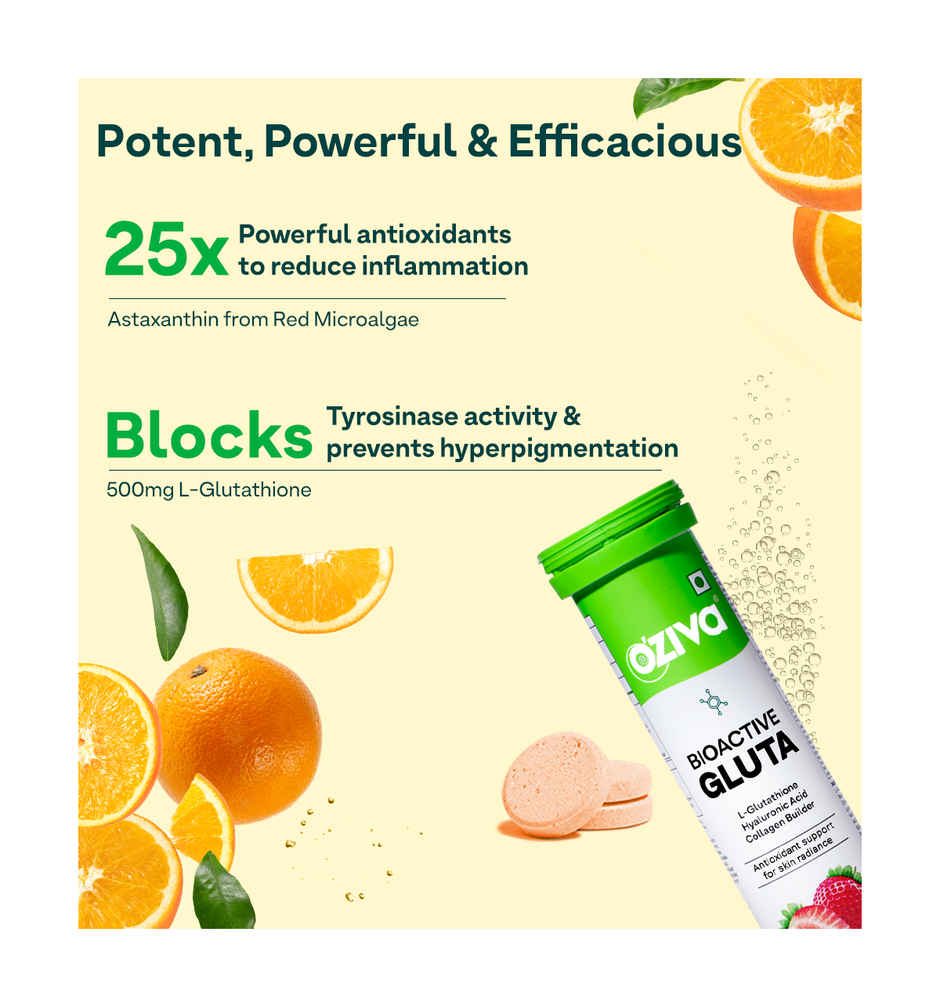 Oziva Bioactive Glutathione Vitamin C fizzy Tablets for Skin glow and Anti-Pigmentation - Orange