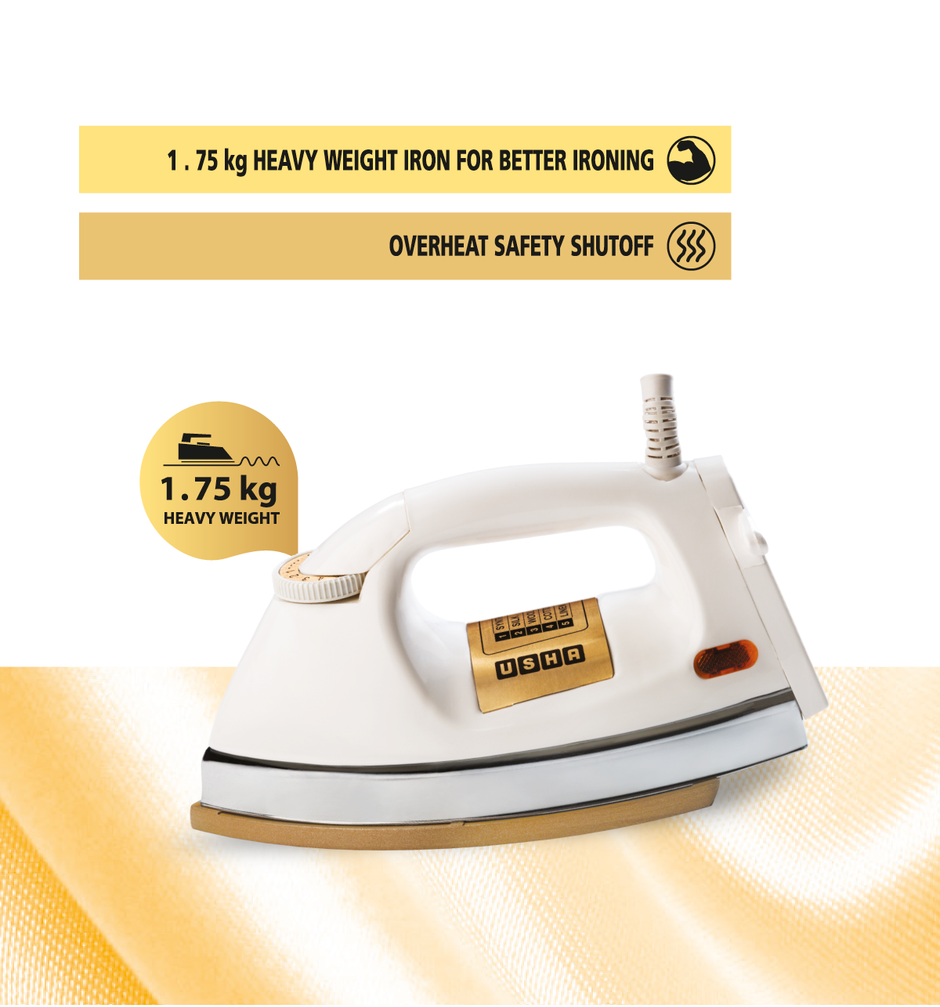 Usha Dry Iron 3710, 1000W, 1.75Kg Heavy Weight Golden Weilburger Soleplate, 360 Swivel Cord, White