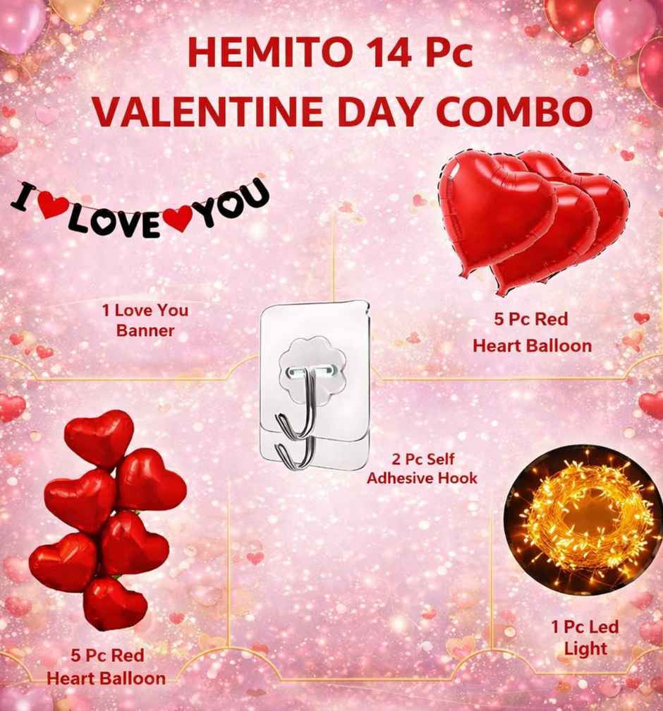 Red Balloons, Foil Heart, LED Light, I Love You Banner Decoration Kit | Hemito