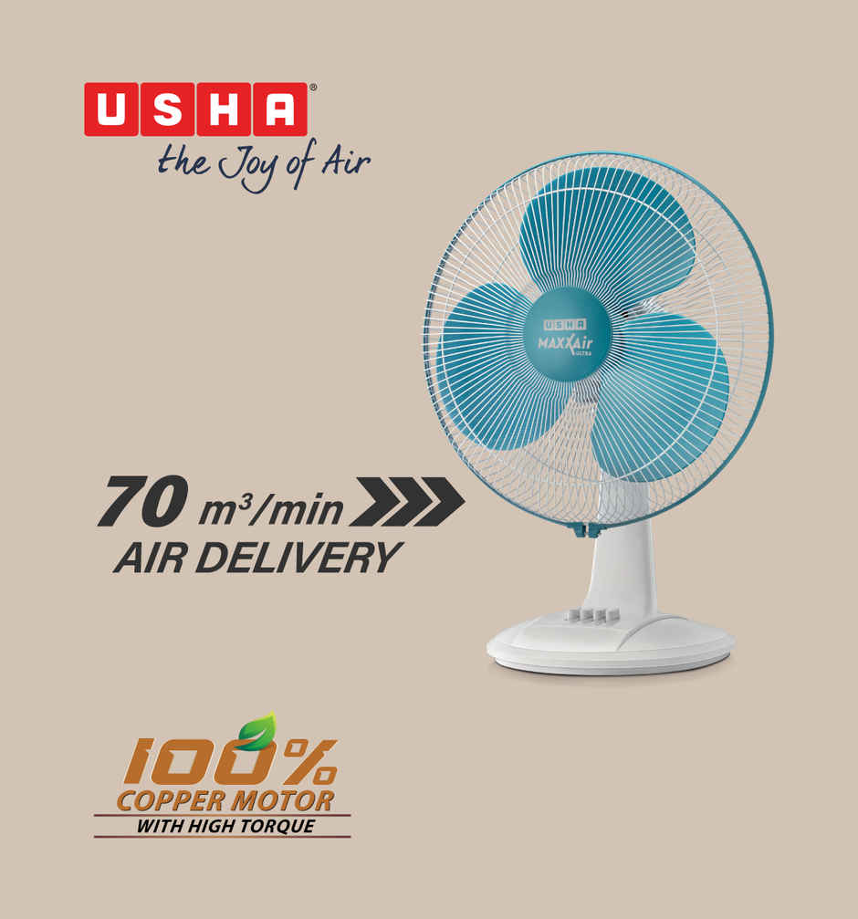 Usha Maxx Air Ultra Table Fan, 400mm, 1350 RPM, 3 Speed Settings, Light Blue